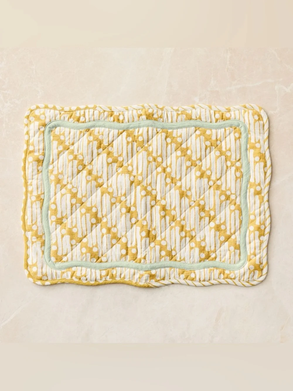WEST ELM x RHODE 6 pc Batik Cotton Placemats Cottagecore Yellow Green Scalloped